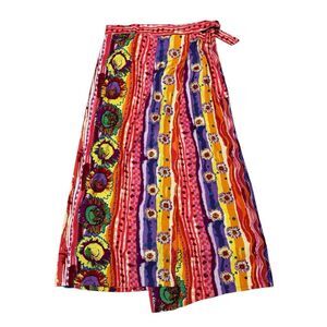 Vintage 90s Rayon Maxi Wrap Skirt Sunflower Rayon Boho Colorful Festival Size L